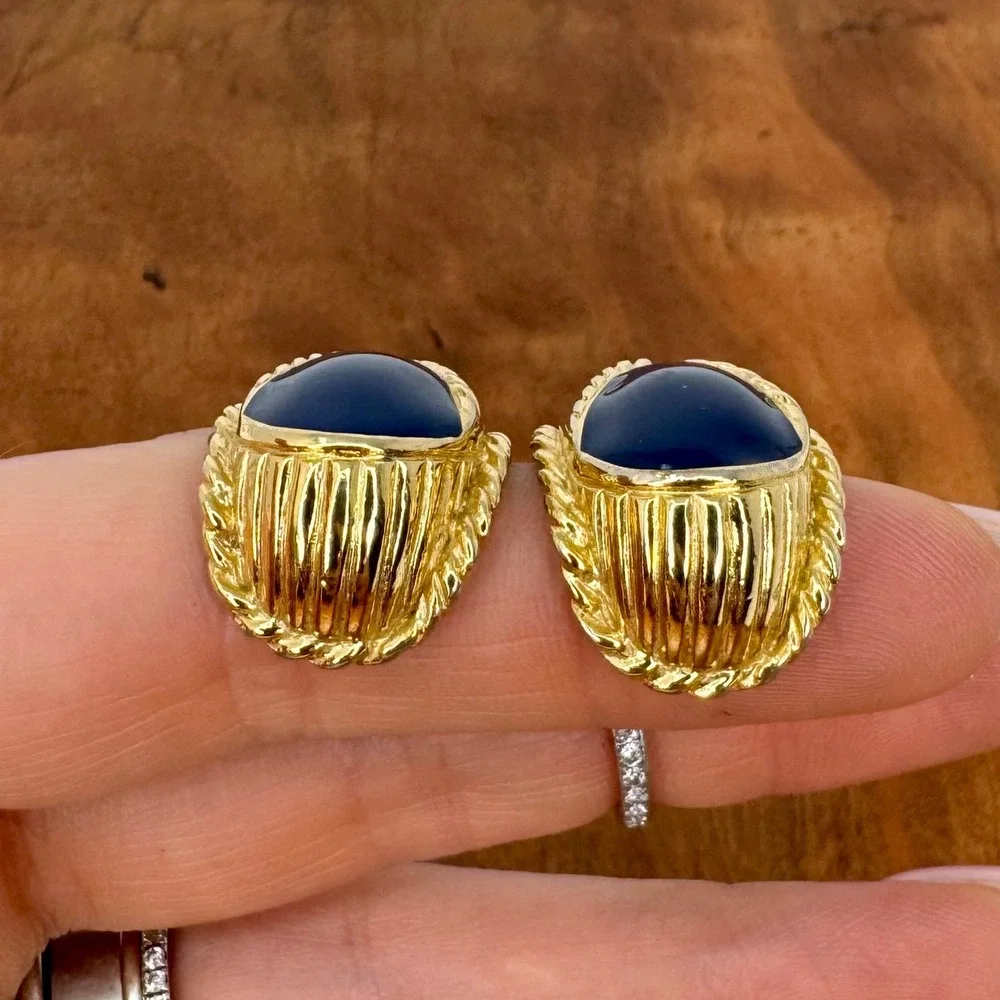Vintage Trifari Navy Blue Enamel Gold Tone Rope Teardrop Nautical Post Earrings